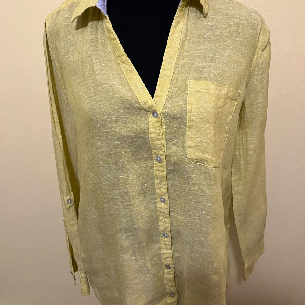 Sigrid Olsen Bright Yellow Linen button up tunic shirt